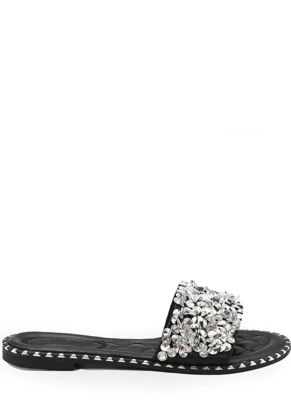 Where's That From Black Belle Diamante Sparkly Flat Sliders
