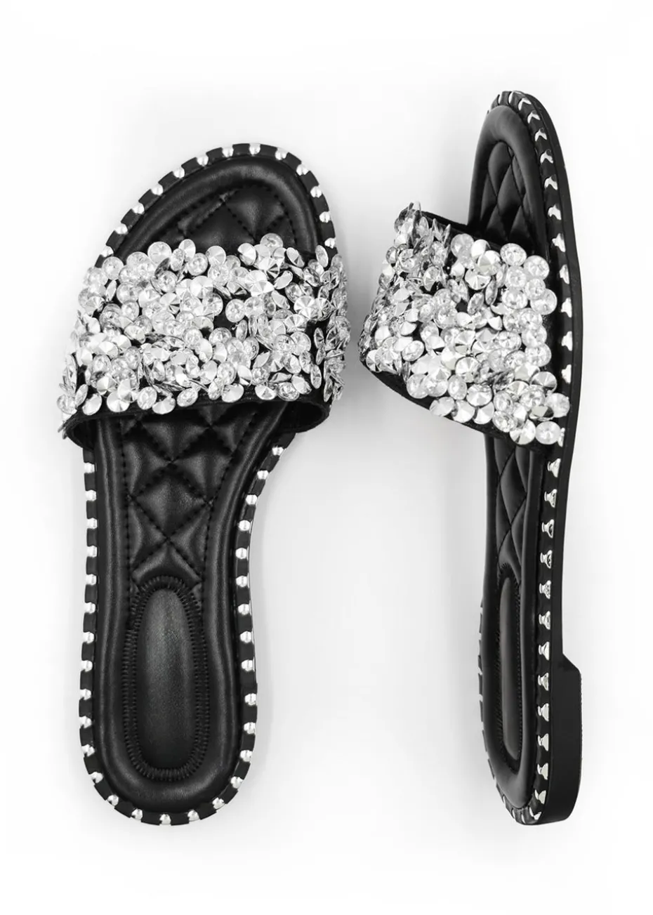 Where's That From Black Belle Diamante Sparkly Flat Sliders