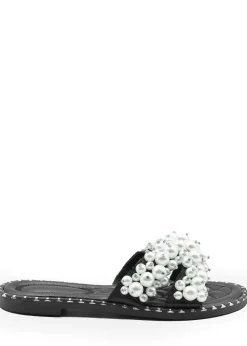Where's That From Black Eve Pearl Embellished Flat Slider Sandals
