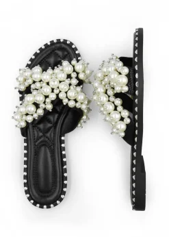 Where's That From Black Eve Pearl Embellished Flat Slider Sandals