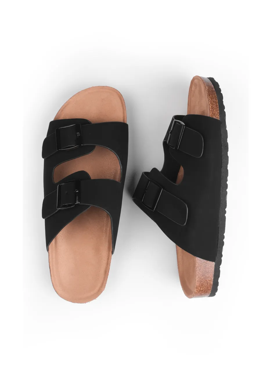 Where's That From Black Nubuck Willow Flat Sandals