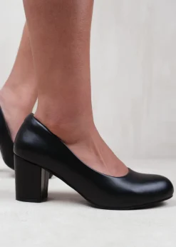 Where's That From Black PU Melrose Block Heel Court Shoes