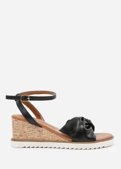 Where's That From Black PU Katara Knot Detail Wedge Shoes