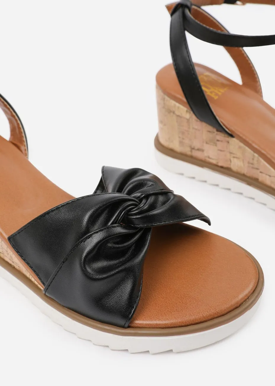 Where's That From Black PU Katara Knot Detail Wedge Shoes