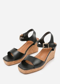 Where's That From Black PU Giselle Wedge Sandals With Buckle-Ankle-Strap