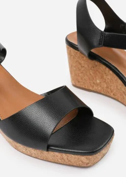 Where's That From Black PU Giselle Wedge Sandals With Buckle-Ankle-Strap