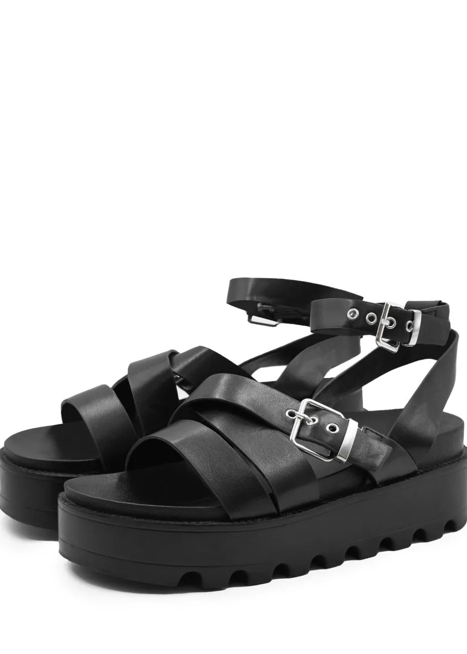 Where's That From Black Pu Layla Buckle Strap Platform Sandals