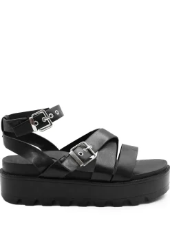 Where's That From Black Pu Layla Buckle Strap Platform Sandals