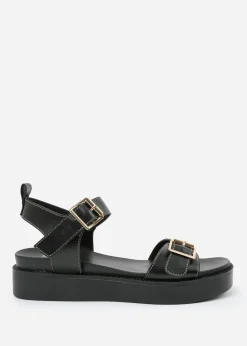 Where's That From Black PU Isabel Double-Buckle-Strap Platform Sandals
