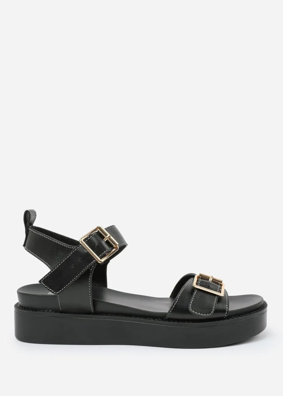 Where's That From Black PU Isabel Double-Buckle-Strap Platform Sandals
