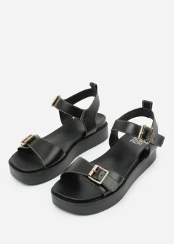 Where's That From Black PU Isabel Double-Buckle-Strap Platform Sandals