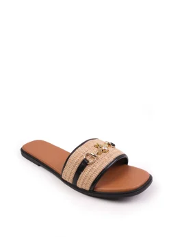 Where's That From Black PU Harmony Straw Detail Strap Sandals