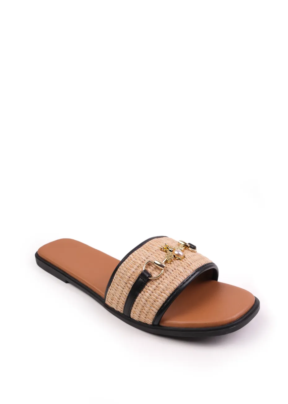 Where's That From Black PU Harmony Straw Detail Strap Sandals