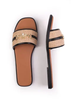Where's That From Black PU Harmony Straw Detail Strap Sandals