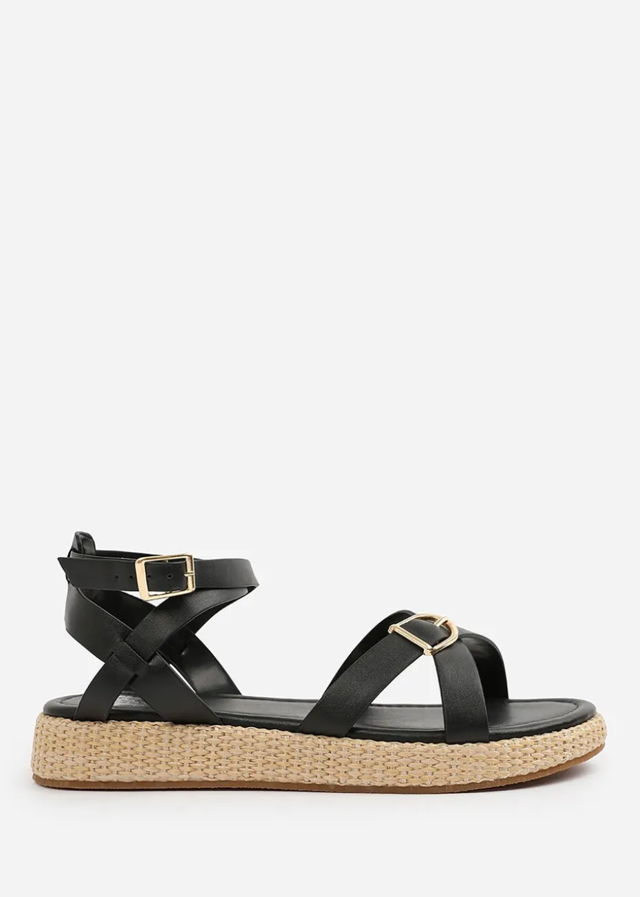 Where's That From Black PU Alora Cross-Over Buckle Strap Sandals