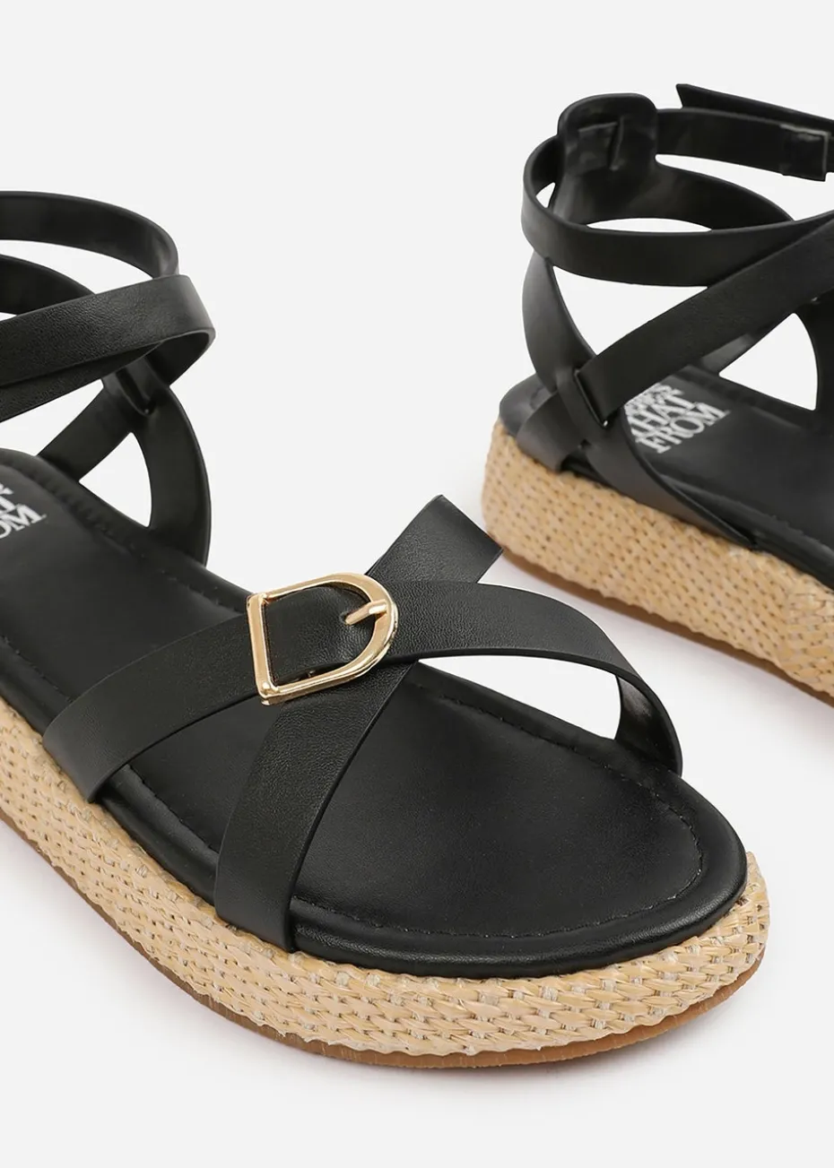 Where's That From Black PU Alora Cross-Over Buckle Strap Sandals