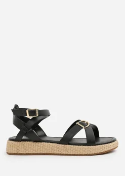 Where's That From Black PU Alora Cross-Over Buckle Strap Sandals