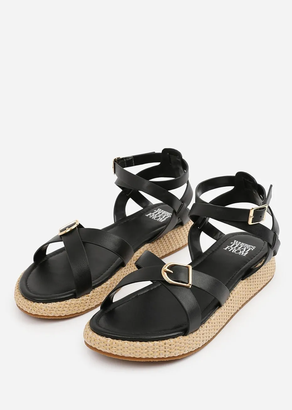 Where's That From Black PU Alora Cross-Over Buckle Strap Sandals