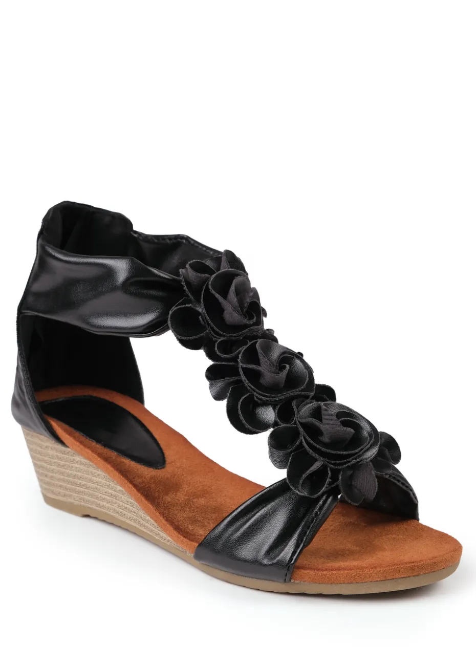 Where's That From Black Pu Abilene Low Wedge Heel Sandals