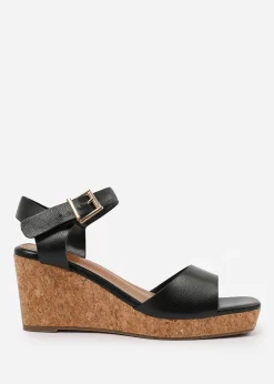 Where's That From Black PU Giselle Wide-Fit Wedge Sandals With Buckle-Ankle-Strap