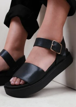 Where's That From Black Phoenix Wide Fit PU Flat Sandals