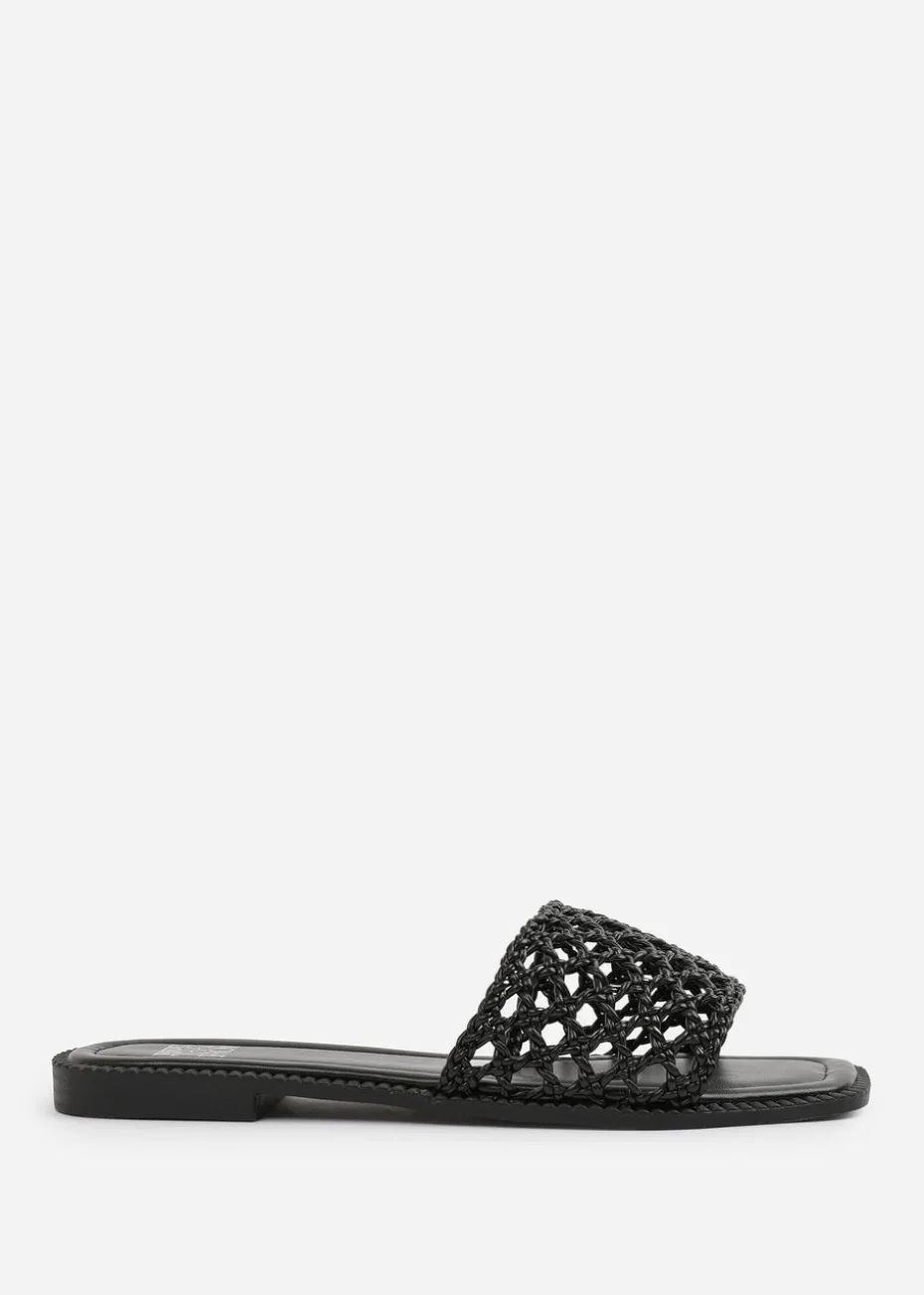 Where's That From Black PU Chelsea Woven Strap Flat Sandals