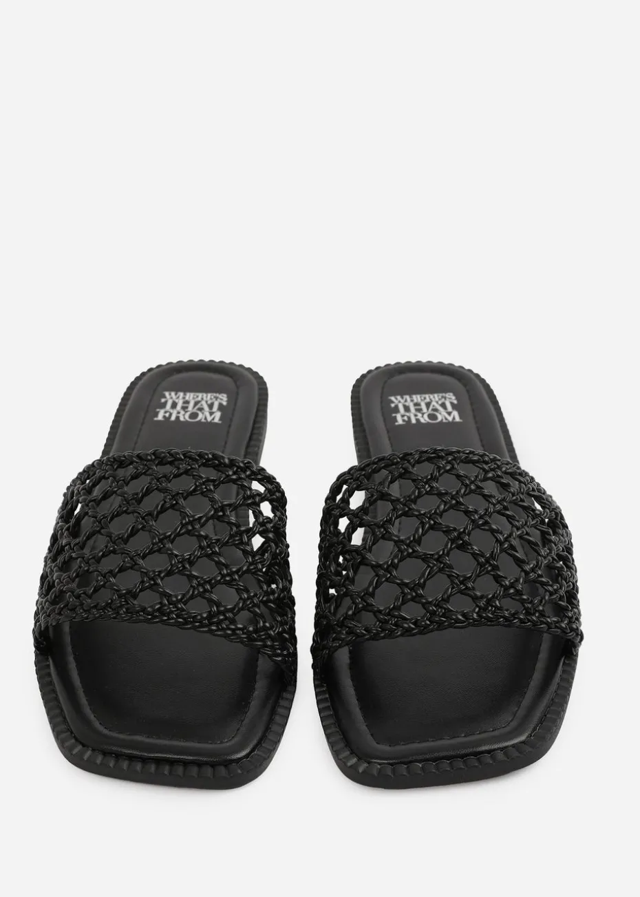 Where's That From Black PU Chelsea Woven Strap Flat Sandals