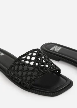 Where's That From Black PU Chelsea Woven Strap Flat Sandals