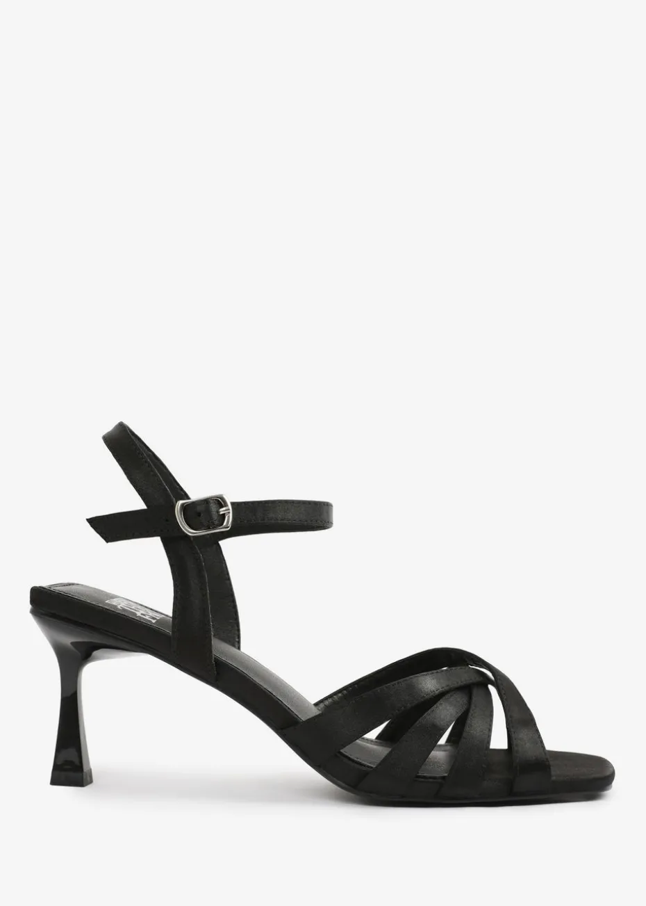Where's That From Black Satin Torigh Cross-Over Multi-Strap Adjustable Buckle Heel