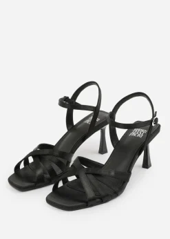 Where's That From Black Satin Torigh Cross-Over Multi-Strap Adjustable Buckle Heel