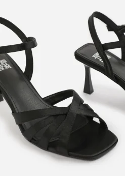 Where's That From Black Satin Torigh Cross-Over Multi-Strap Adjustable Buckle Heel