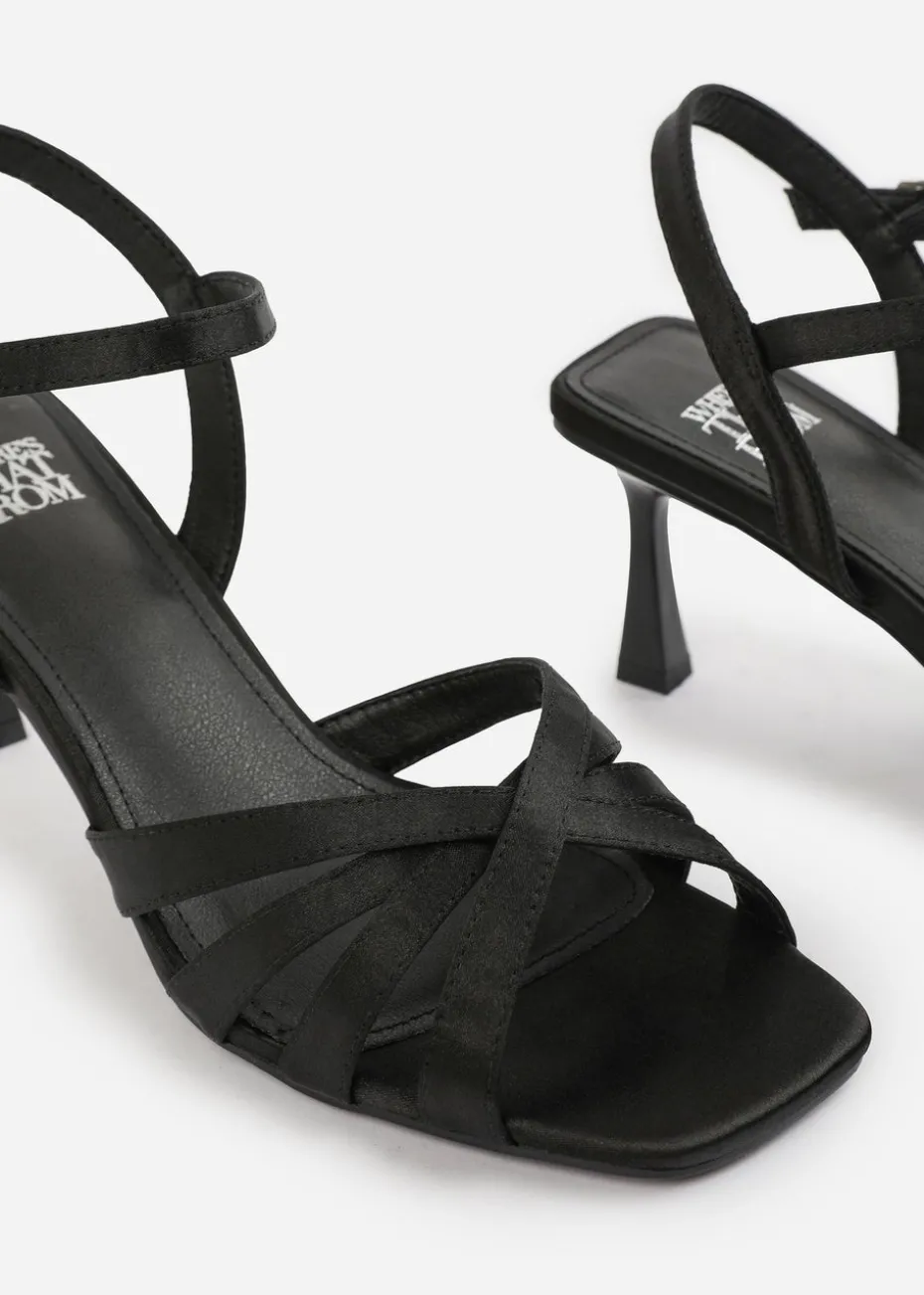 Where's That From Black Satin Torigh Cross-Over Multi-Strap Adjustable Buckle Heel