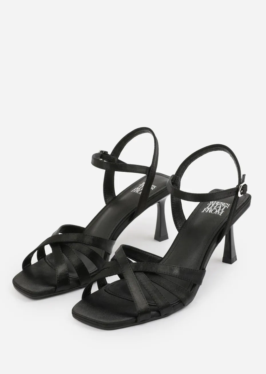Where's That From Black Satin Torigh Cross-Over Multi-Strap Adjustable Buckle Heel