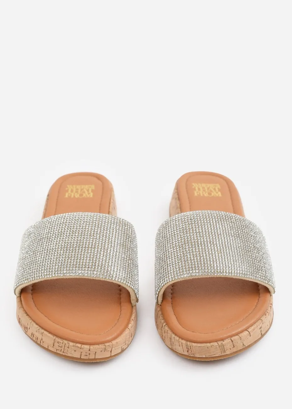 Where's That From Clear Diamante Cream Ember Flatform Sliders