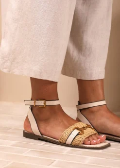 Where's That From Cream PU Catelyn Straw Detail Strap Sandals