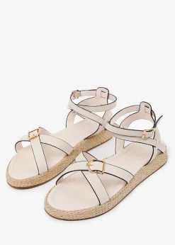 Where's That From Cream PU Alora Cross-Over Buckle Strap Sandals