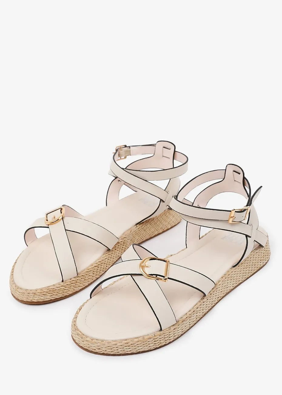 Where's That From Cream PU Alora Cross-Over Buckle Strap Sandals