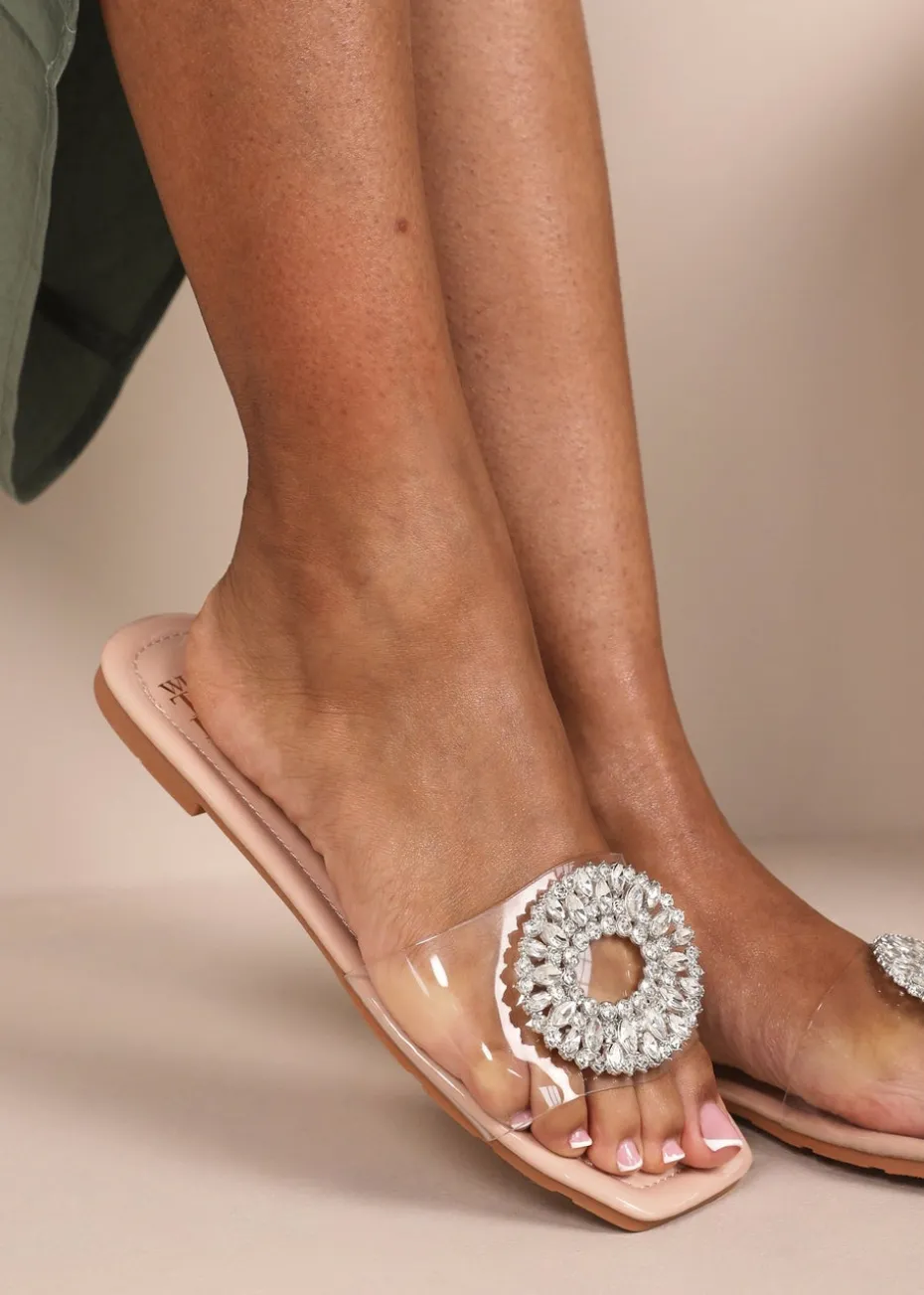 Where's That From Cream PU Gloss Perspex Flat Sandals