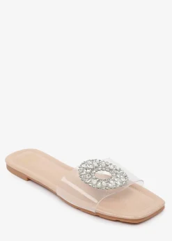 Where's That From Cream PU Gloss Perspex Flat Sandals