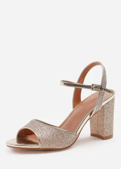 Where's That From Florence Gold Glitter Mid-High Ankle Strap Heels