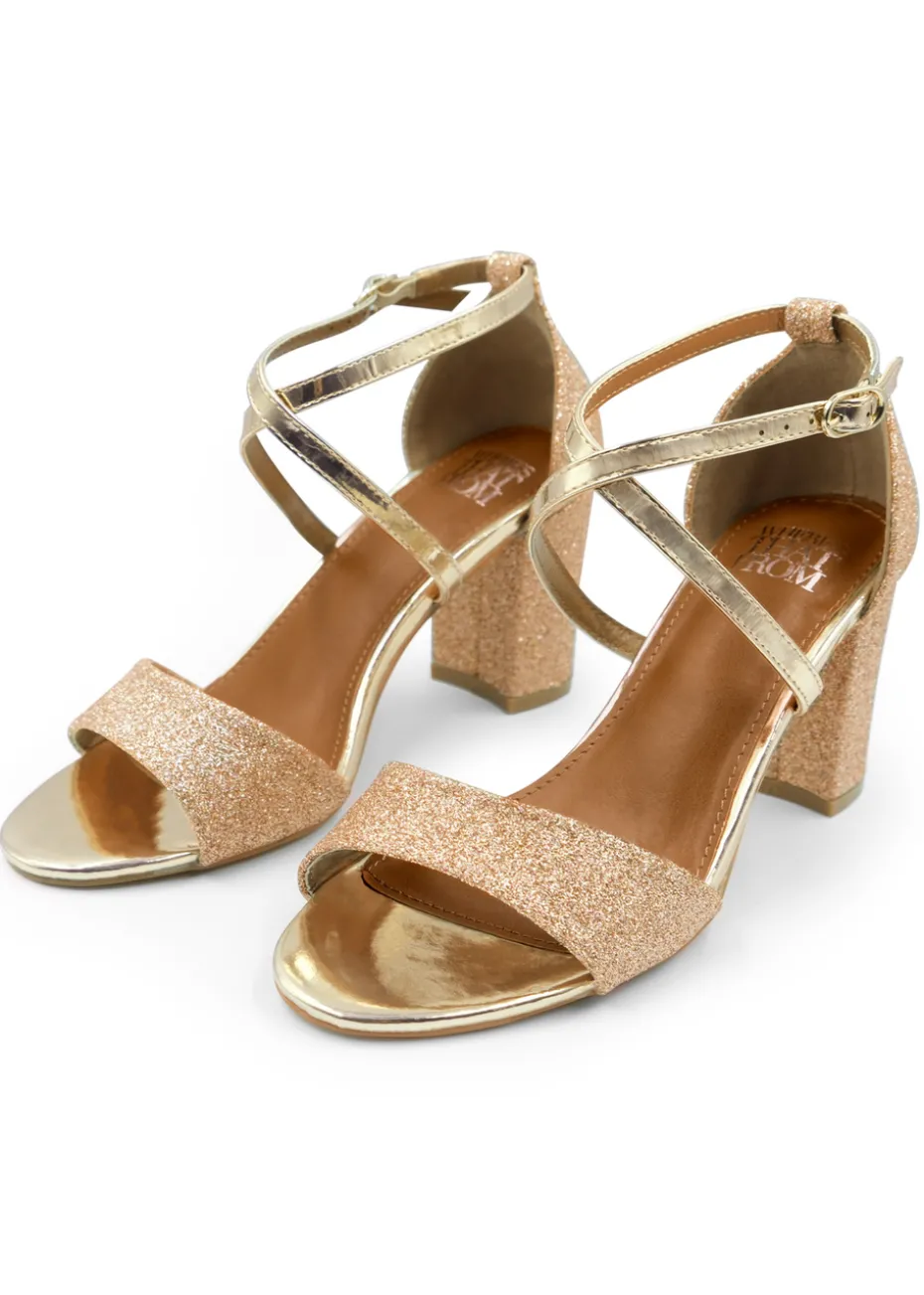 Where's That From Gold Ruth Mid High Block Heel Sandals