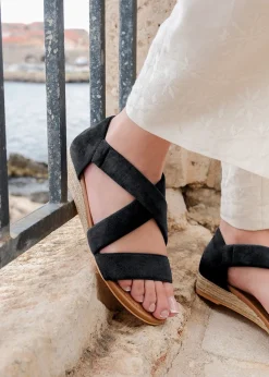 Where's That From Hummingbird Black Suede Low Wedges