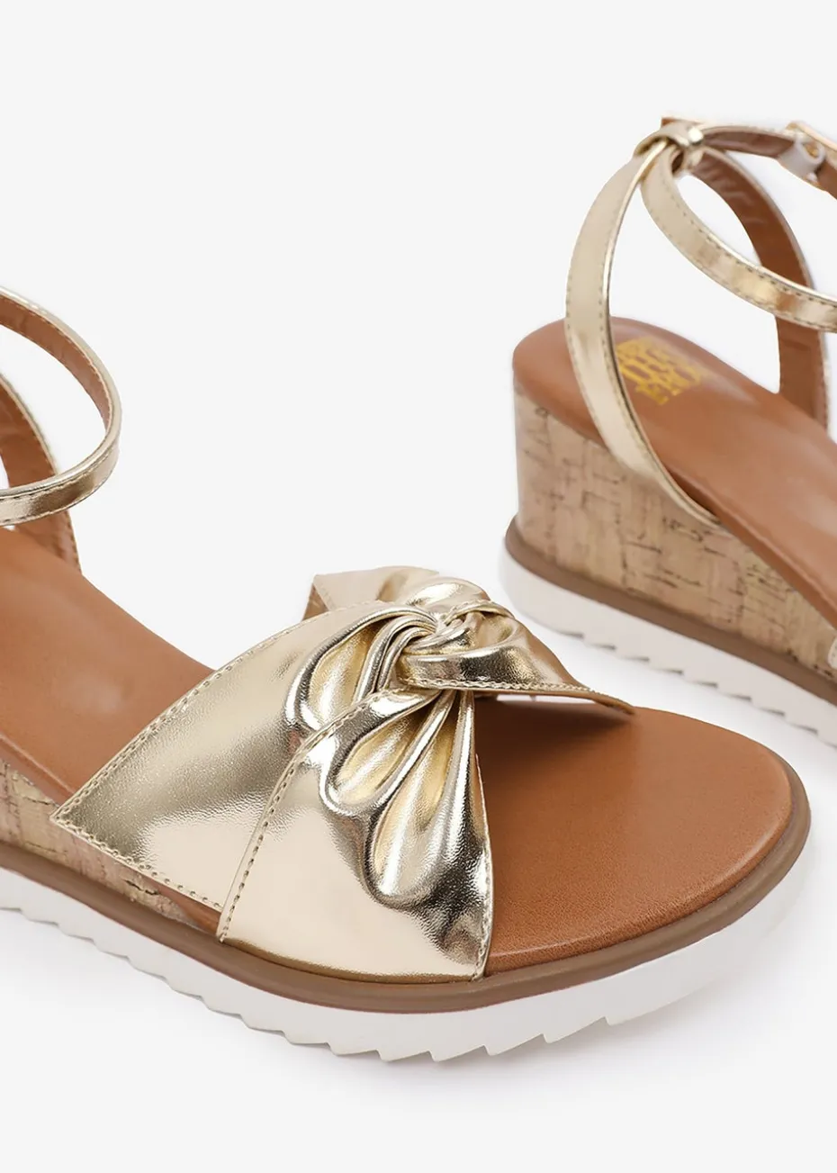 Where's That From Metallic Gold PU Katara Knot Detail Wedge Shoes