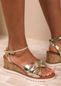 Where's That From Metallic Gold PU Katara Knot Detail Wedge Shoes
