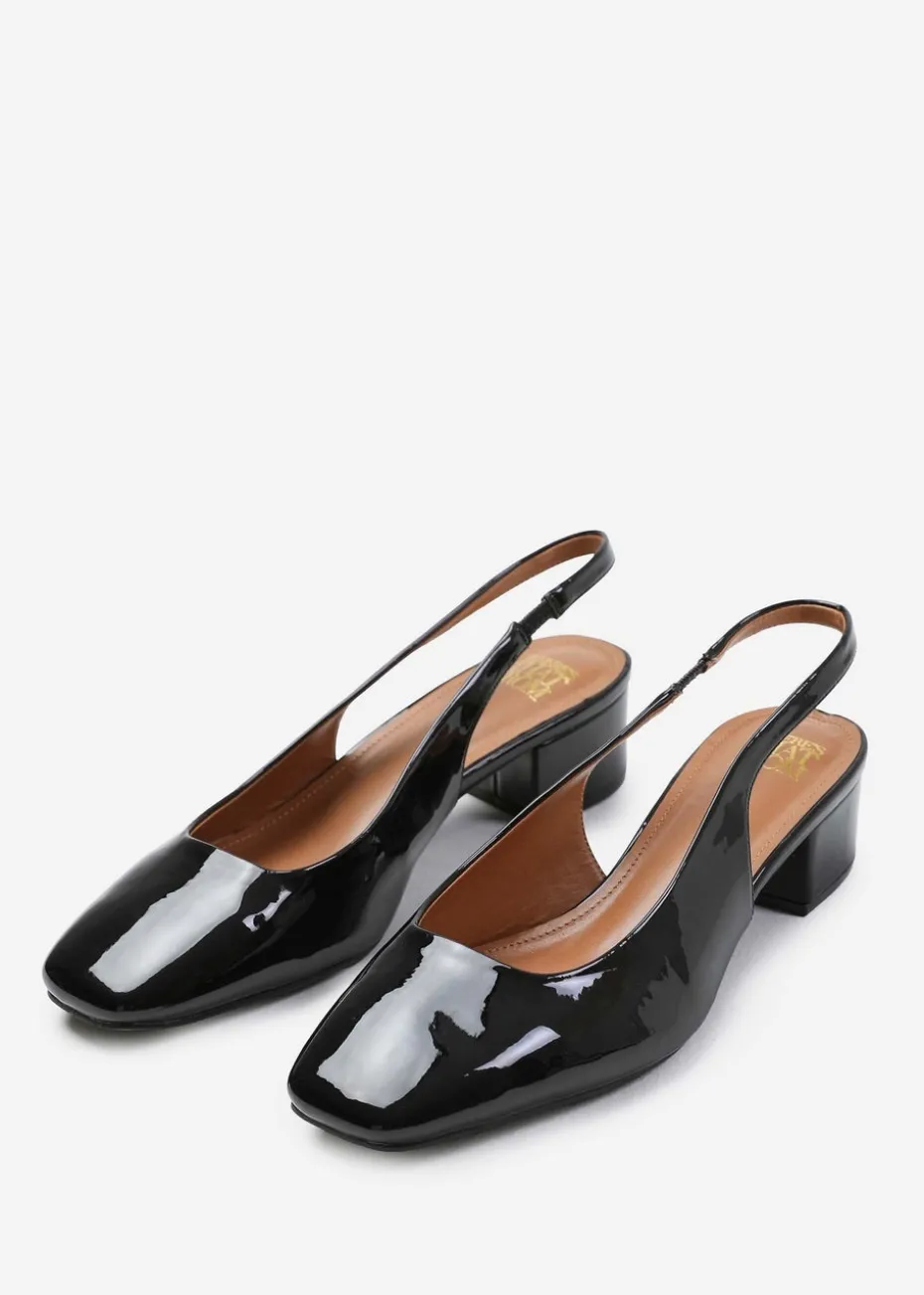 Where's That From Michigan Black Patent Square Toe Slingback Heels