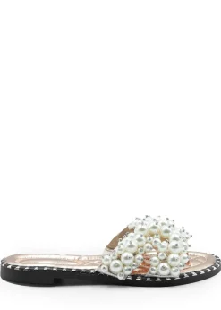 Where's That From Rose Gold Eve Pearl Embellished Flat Slider Sandals