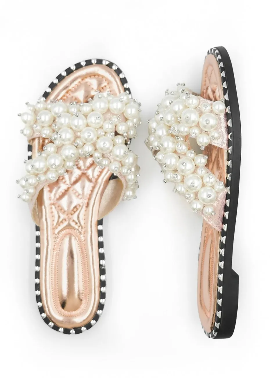 Where's That From Rose Gold Eve Pearl Embellished Flat Slider Sandals