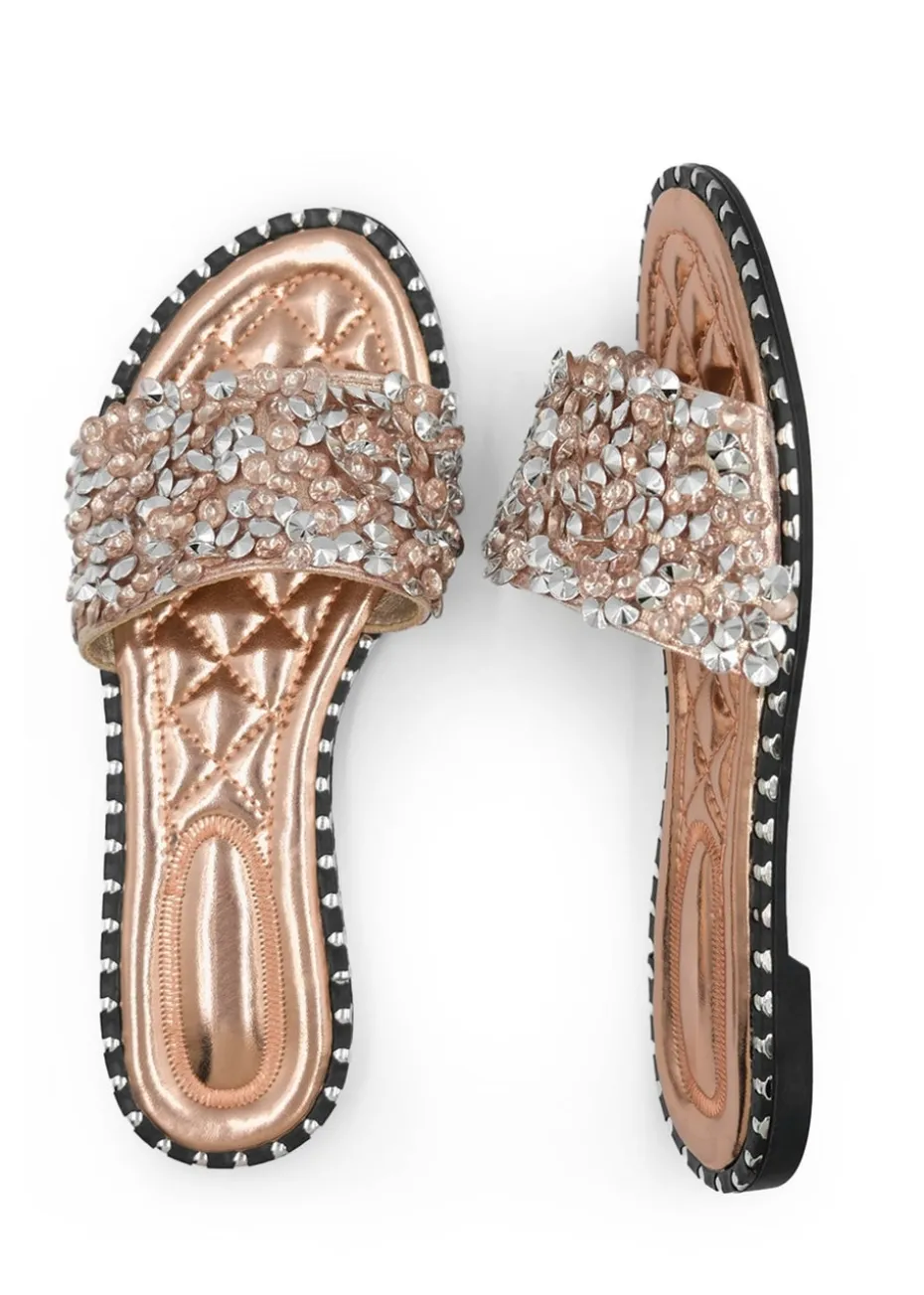 Where's That From Rose Gold Belle Diamante Sparkly Flat Sliders