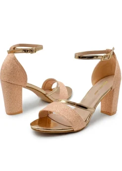 Where's That From RoseGold Glitter Perla Mid Block Heel Sandals