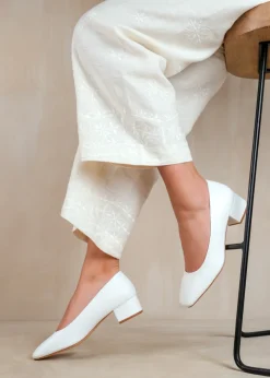 Where's That From Seattle White Pu Square Toe Block Heels